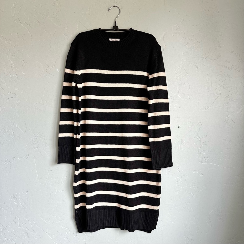 NWT Jessica Simpson Black Cream Striped Long Sleeve Sweater Dress Size XS
